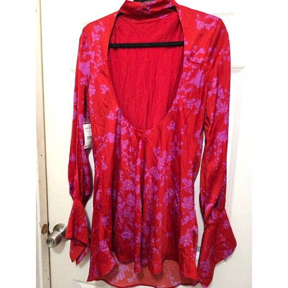 NWT Free People Red & Purple Floral Long-Sleeve Fair Cottagecore Mini Dress Open - Picture 3 of 8